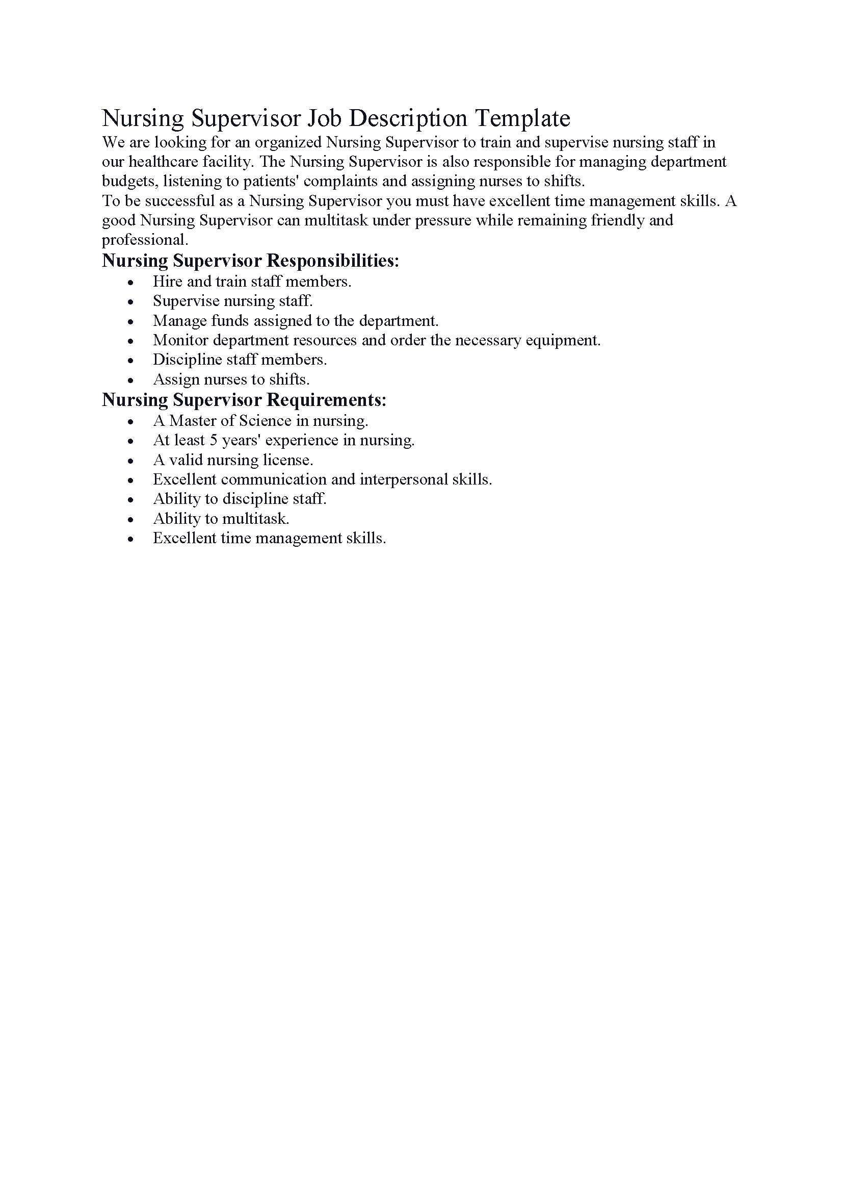 Nursing Supervisor Job Description Template